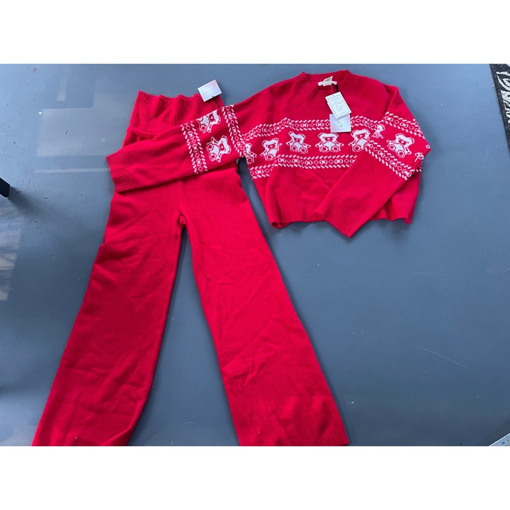 Happily Grey Red Teddy Bear Fair Isle Sweater & Pants 2 Piece Lounge Set Small